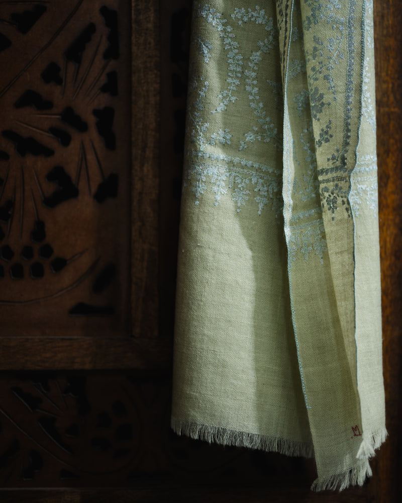 Pasture Dun Baby Cashmere Stole — Olive Green stole from the Ashwaa Icons collection