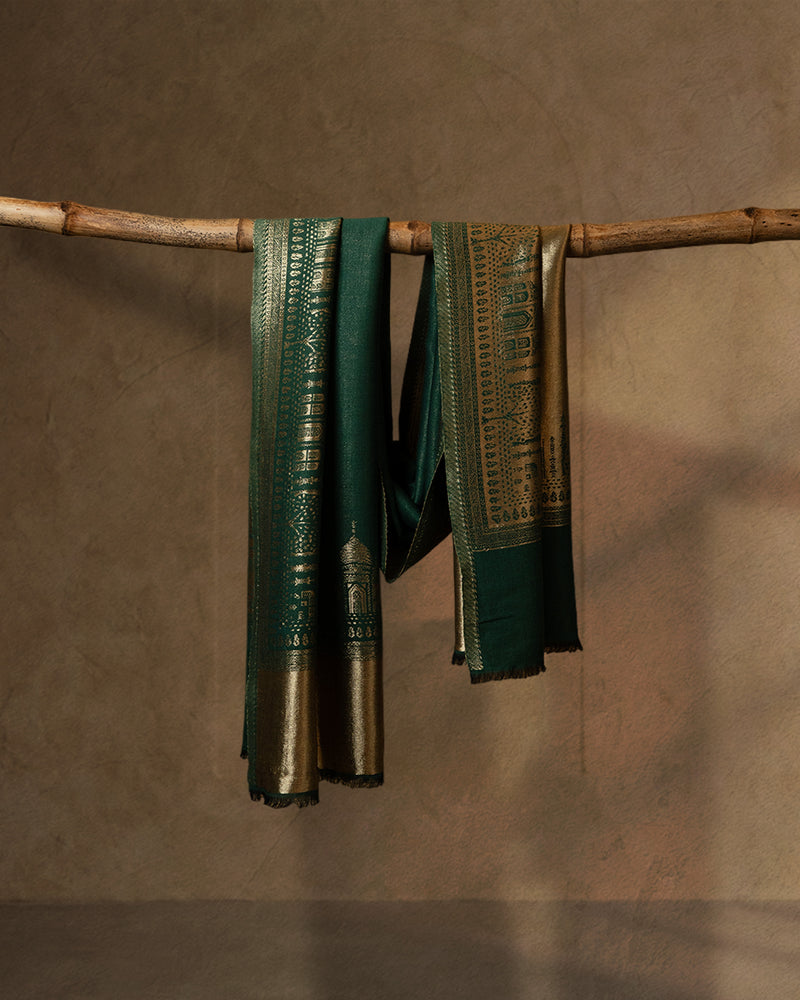 Forest Thread Wool Stole  Forest Green stole from the Ashwaa Sunrise collection