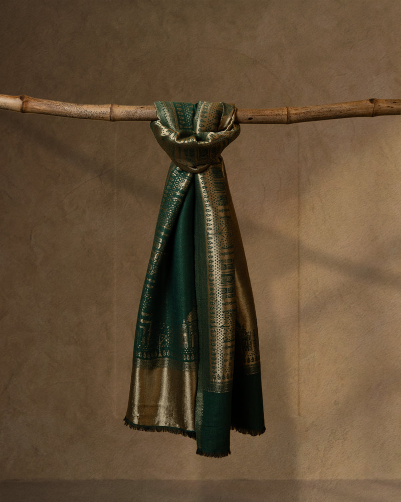 Forest Thread Wool Stole  Forest Green stole from the Ashwaa Sunrise collection